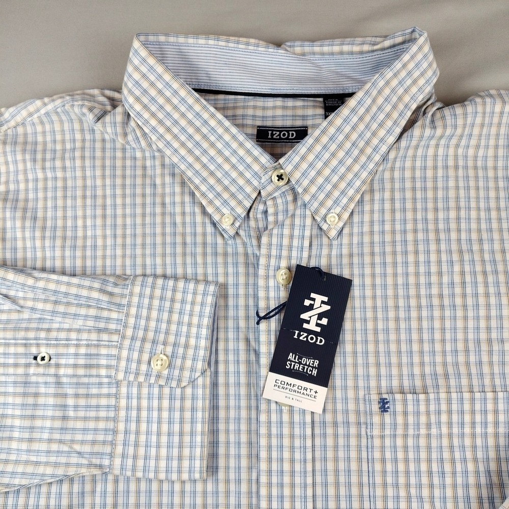 NEW Izod Button Down Shirt Mens 3XB All Over Stretch Blue Gray Plaid Comfort NWT